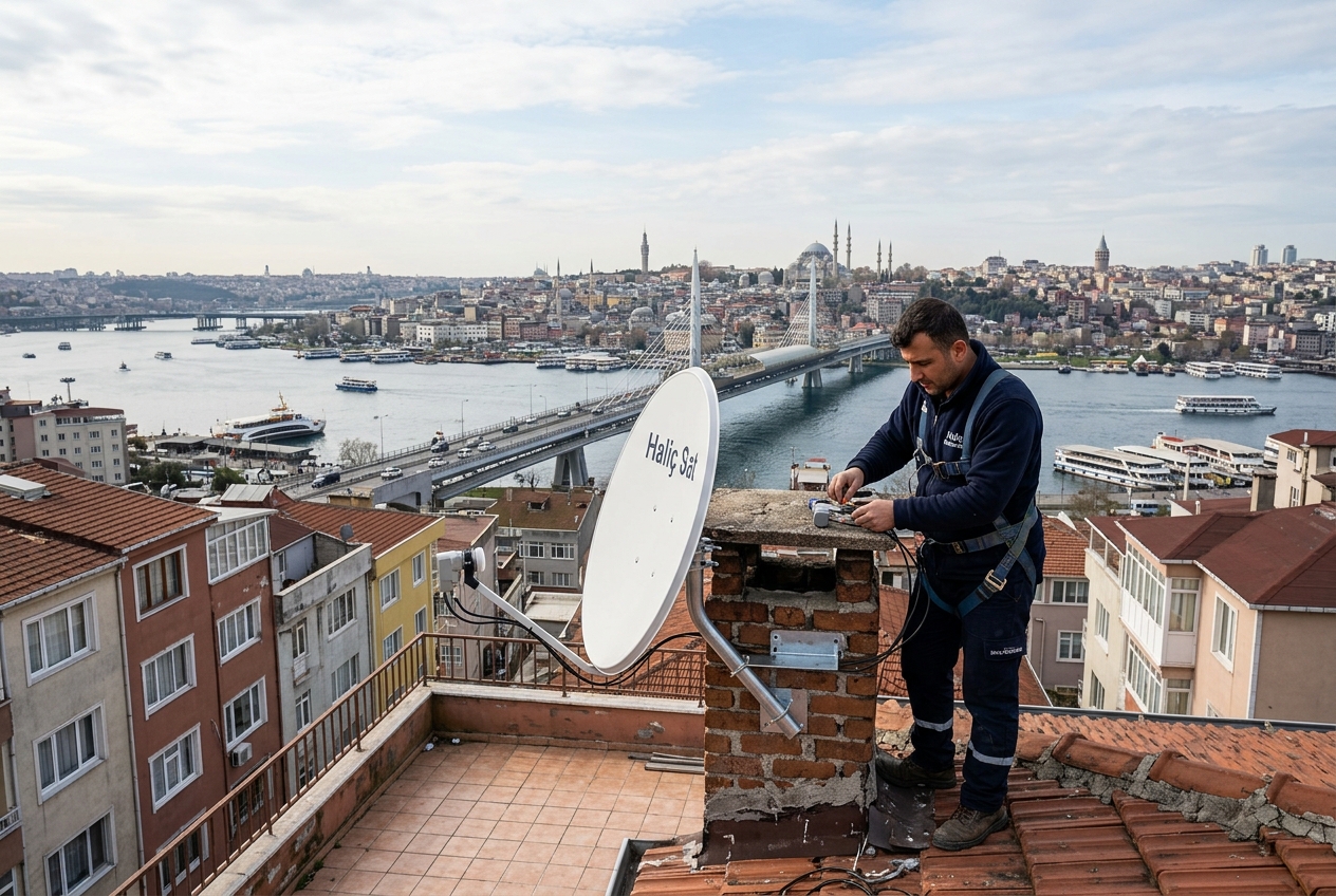 Halıcıoğlu çevresinde Haliç'e bakan çatılar ve çanak anten montajı