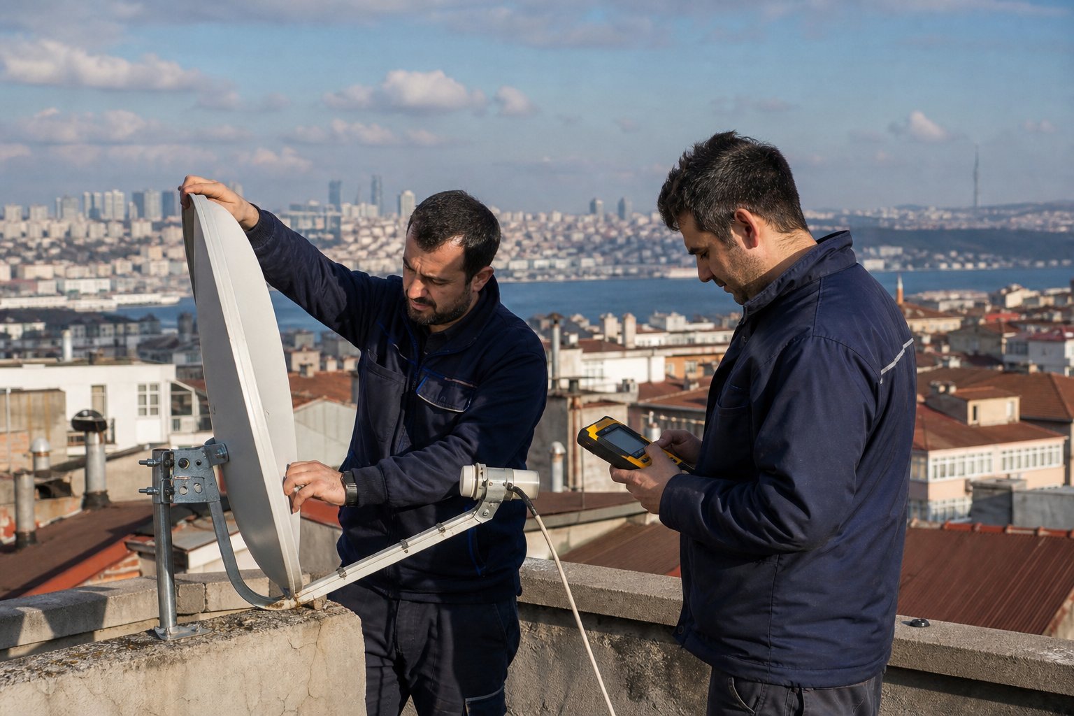 Okmeydanı'nda uydu servisi ve çanak anten montajı yapan teknik ekip